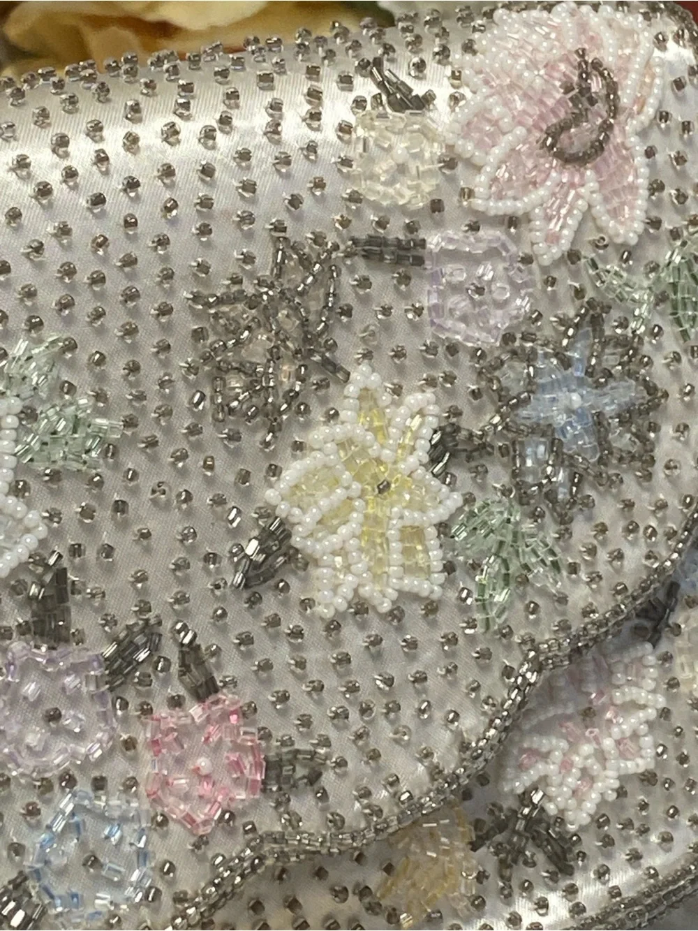 Vintage Hand-Beaded Floral Satin Evening Clutch Mirror & Hughes Comb